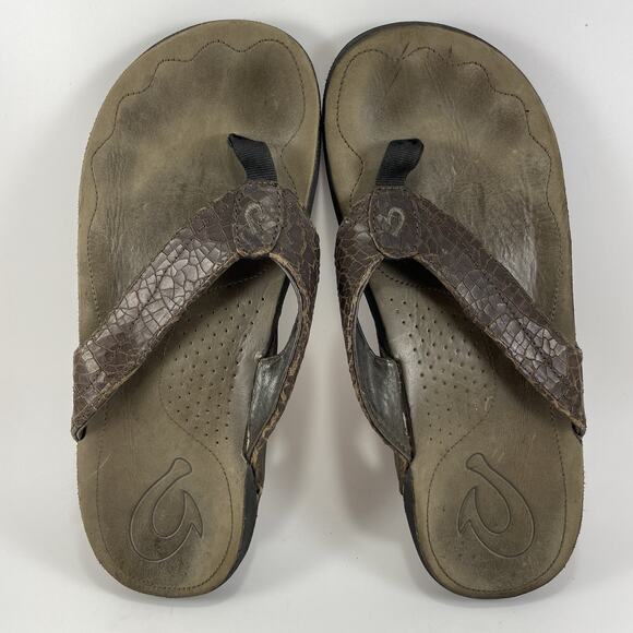 Olukai Kumu Flip Flops Mens Size 10 Brown Leather Hawaiian Beach Sandals - Picture 6 of 9